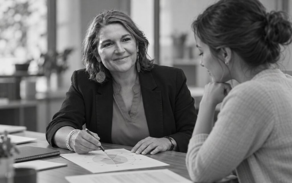 llustration de Nadège Mullier en entretien de mobilité professionnelle autour de documents.