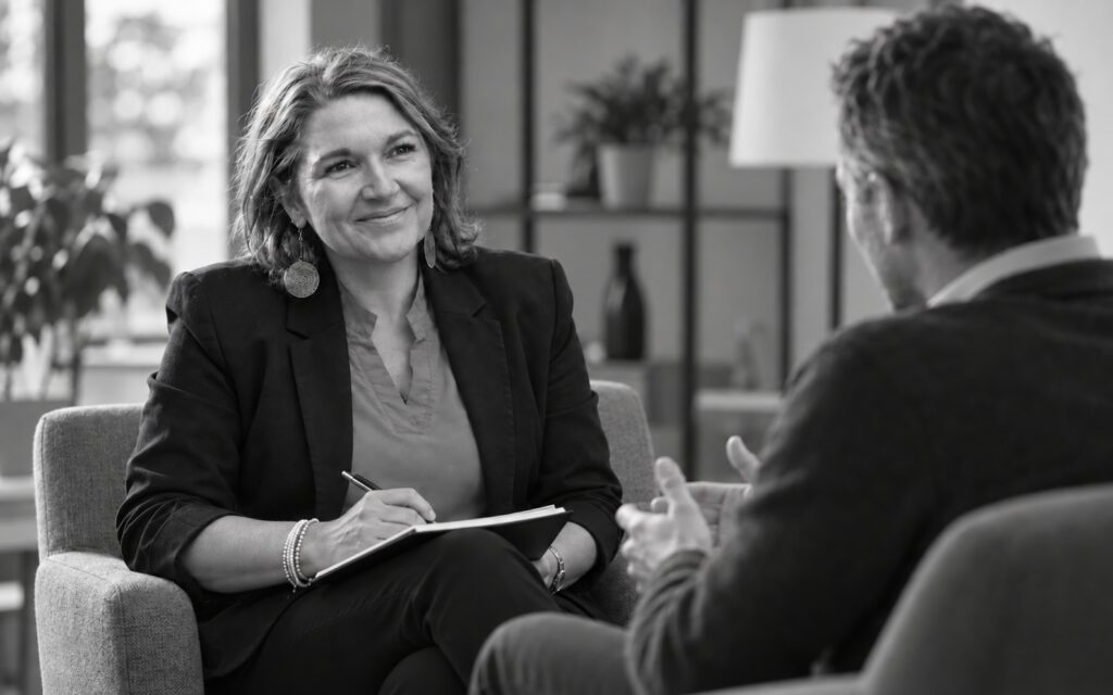 Illustration de Nadège Mullier lors d’un échange individuel de coaching professionnel.