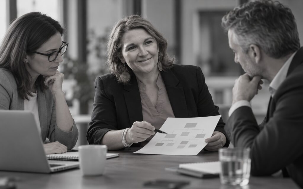Illustration de Nadège Mullier en réunion de conseil RH avec deux décideurs.
